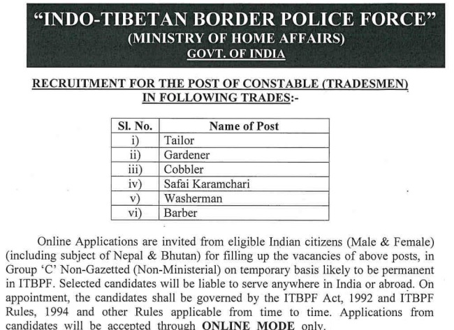 ITBP Constable Tradesman Recruitment 2023