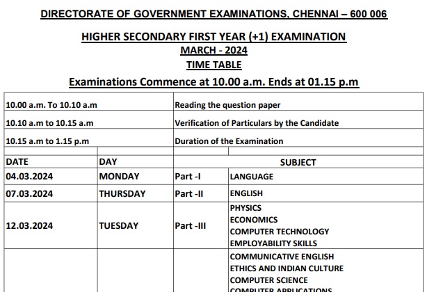 TN Board 11th Public Exam Time Table 2024