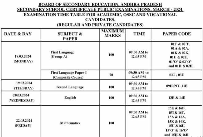 AP Board 10th Time Table 2024 Download online 