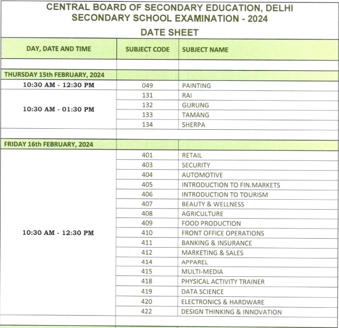 CBSE Class 10th Date Sheet 2024 