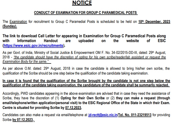 ESIC Paramedical Admit Card 2023 Group C Call Letter
