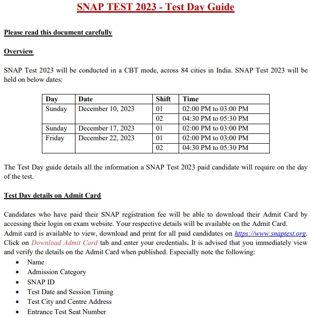 SNAP Exam Centres List 2023-24