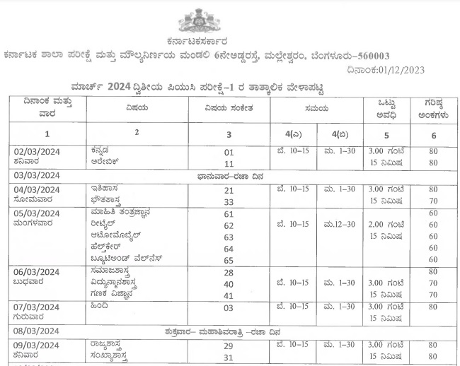 Karnataka PUC 2nd Time Table 